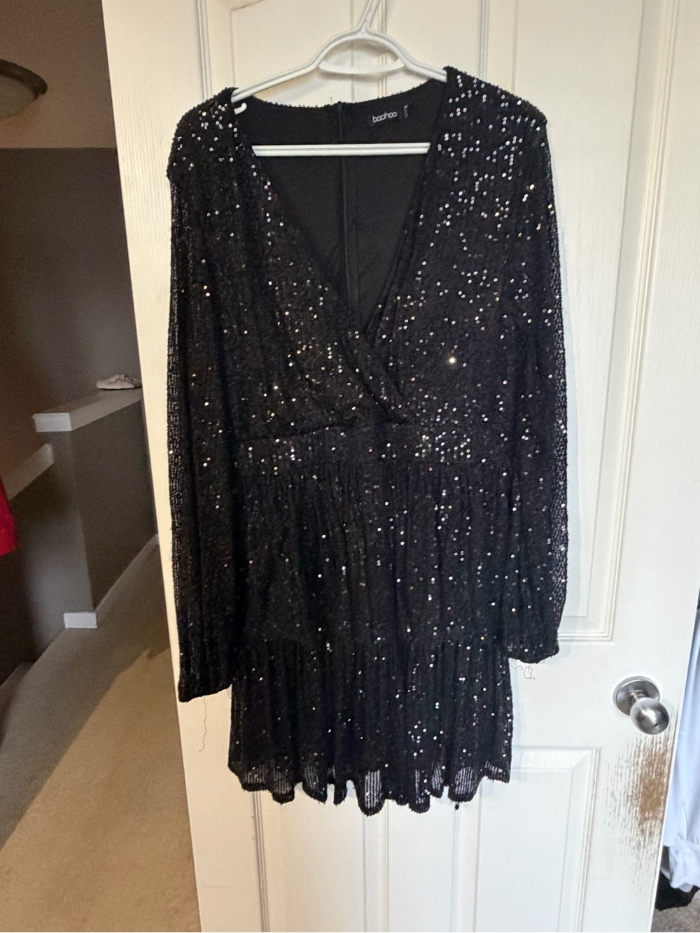 Boohoo Black Sequin Long Sleeve Tiered Mini Dress